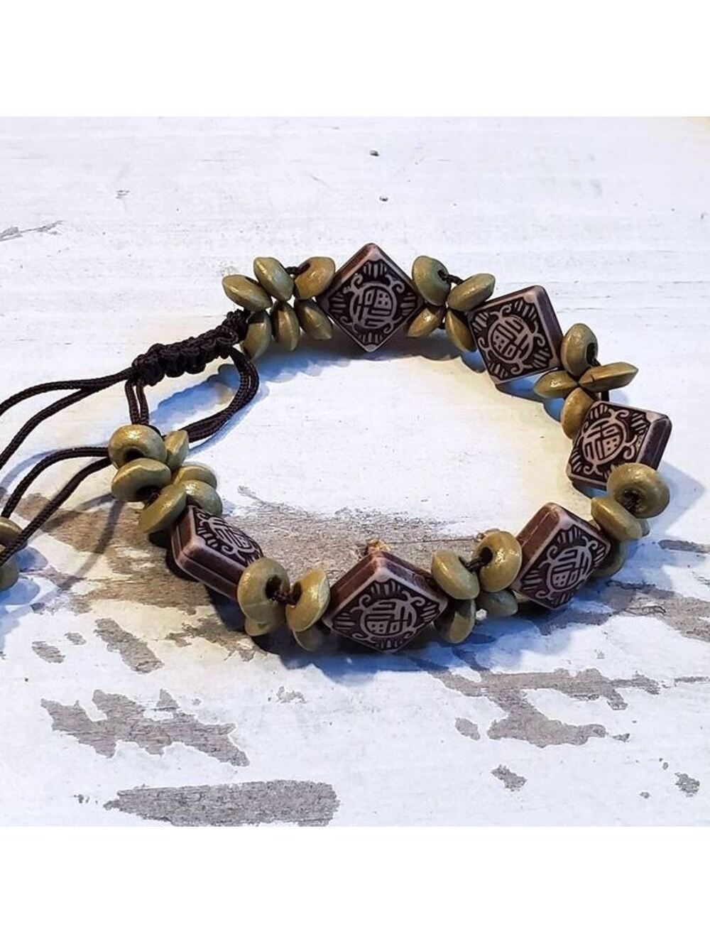 90s Y2K Vintage Gray Brown Tones Wood Acrylic Beads OSFA Adjustable Bracelet